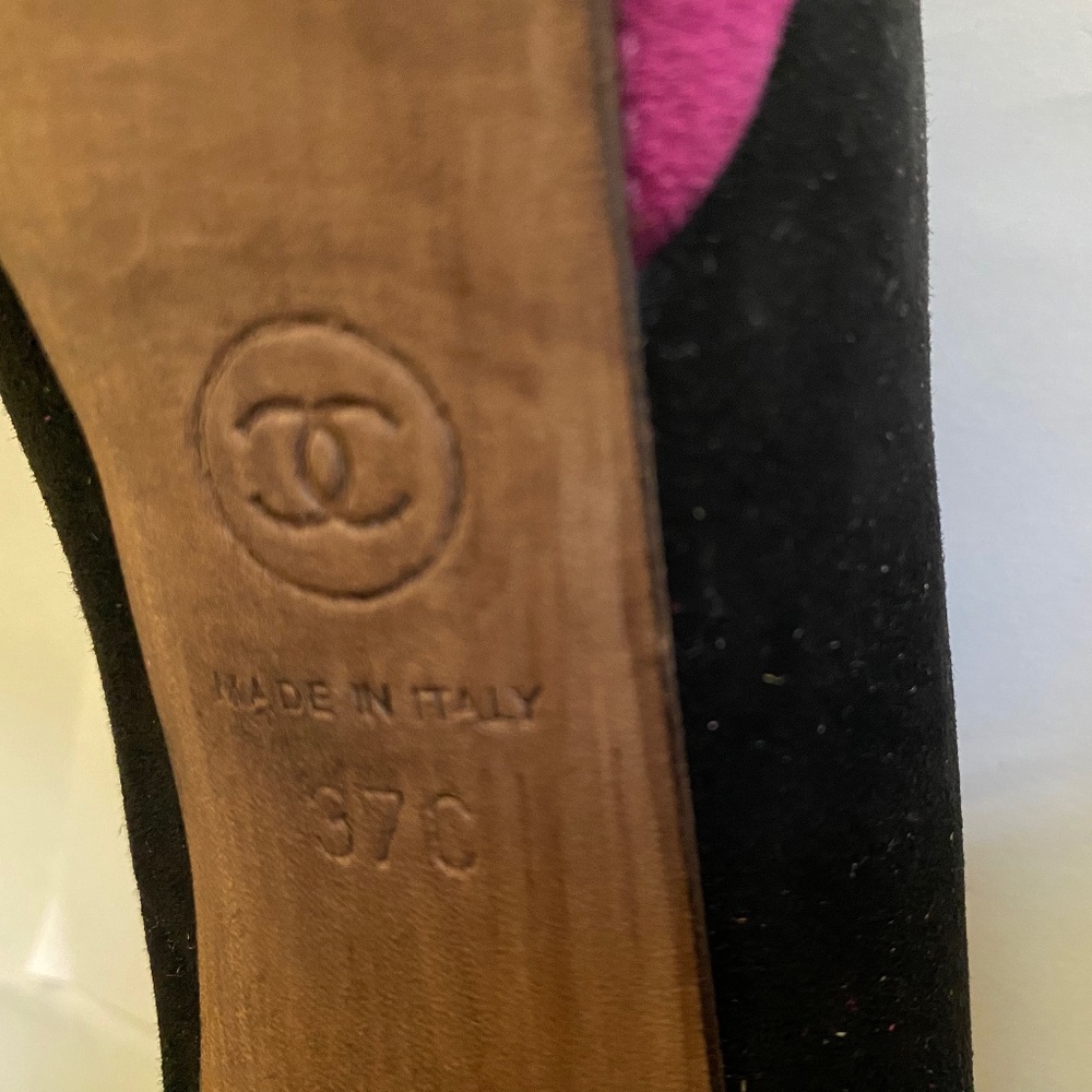 Chanel suede quilted pink fuschia toe cap black pumps heels platforms 37 mules - Picture 8 of 8